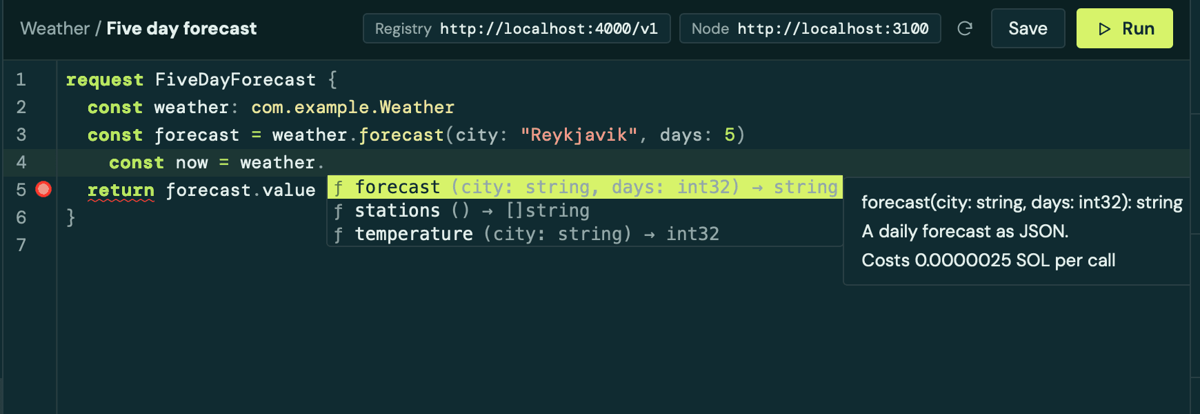The editor suggesting the forecast, stations and temperature functions of com.example.Weather, with the forecast function's description and price