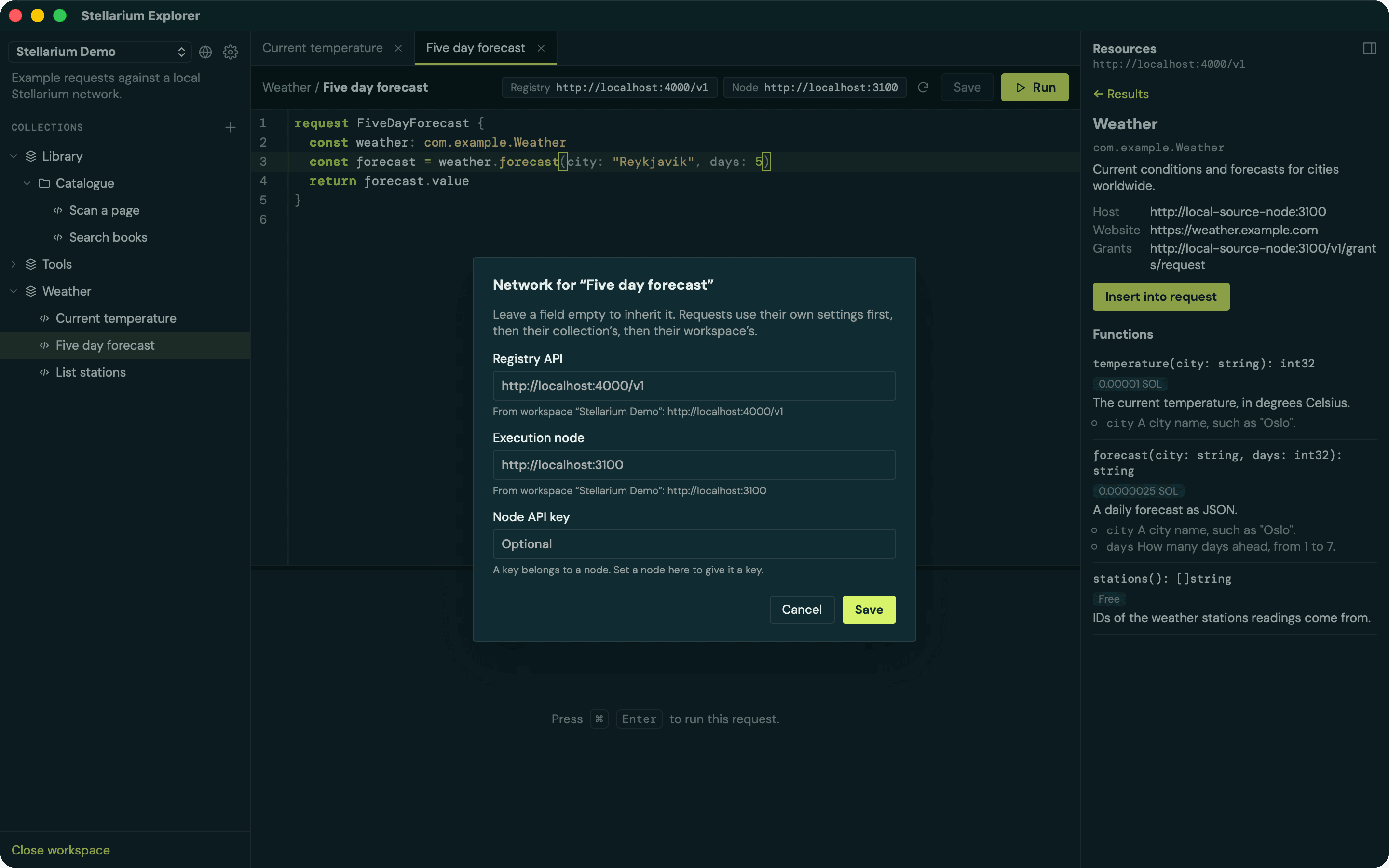 The network settings dialog with Registry API, Execution node and Node API key fields, each showing the value it inherits from the workspace