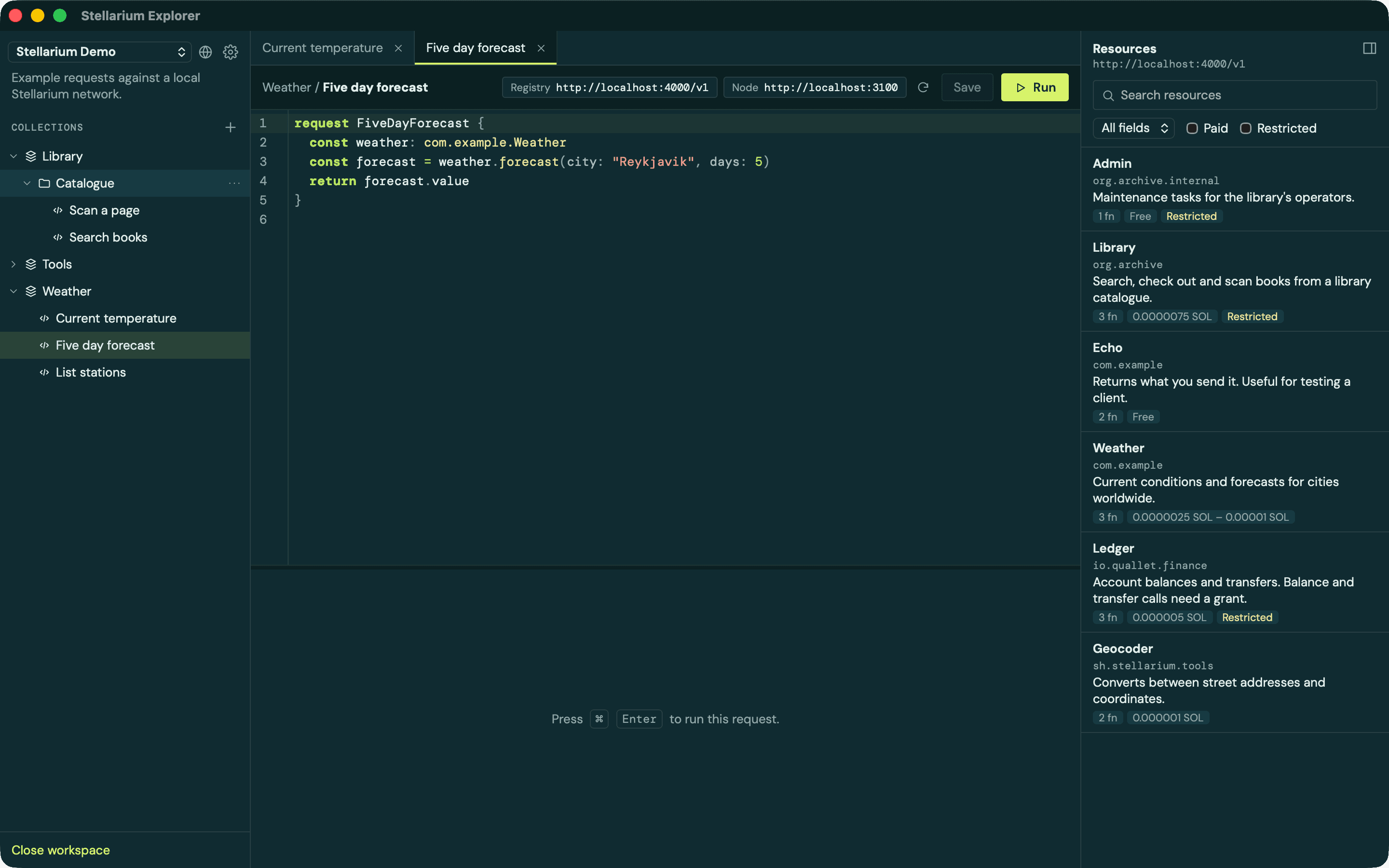 Stellarium Explorer with a workspace of collections in the sidebar, a request open in the editor, and the resource browser on the right